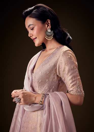 Lilac Brocade Embroidered Kurta With Palazzo And Dupatta