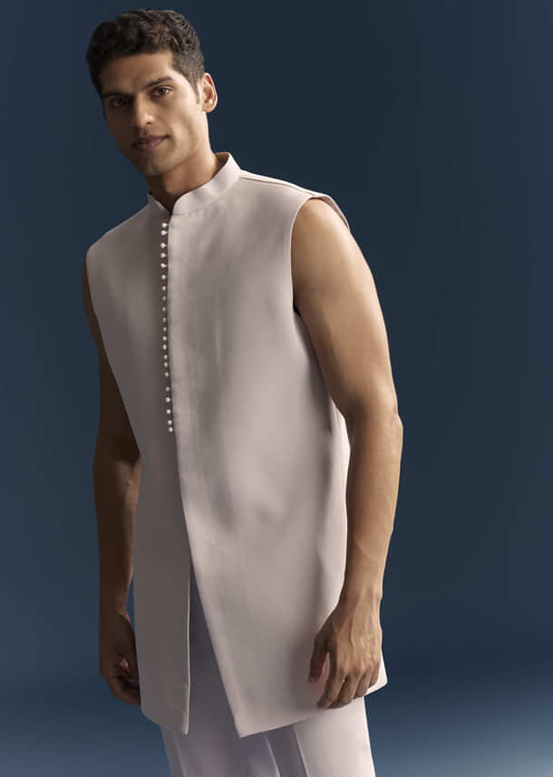 Lilac Indo Western Set For Men With Resham And Moti Work Lilac Indo Western Set For Men With Resham And Moti Work