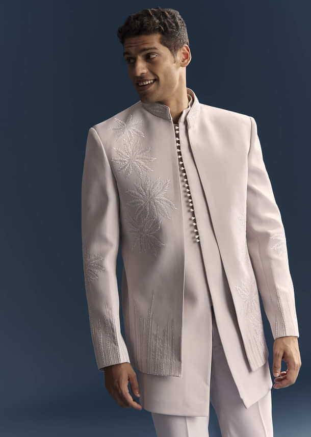 Lilac Indo Western Set For Men With Resham And Moti Work Lilac Indo Western Set For Men With Resham And Moti Work