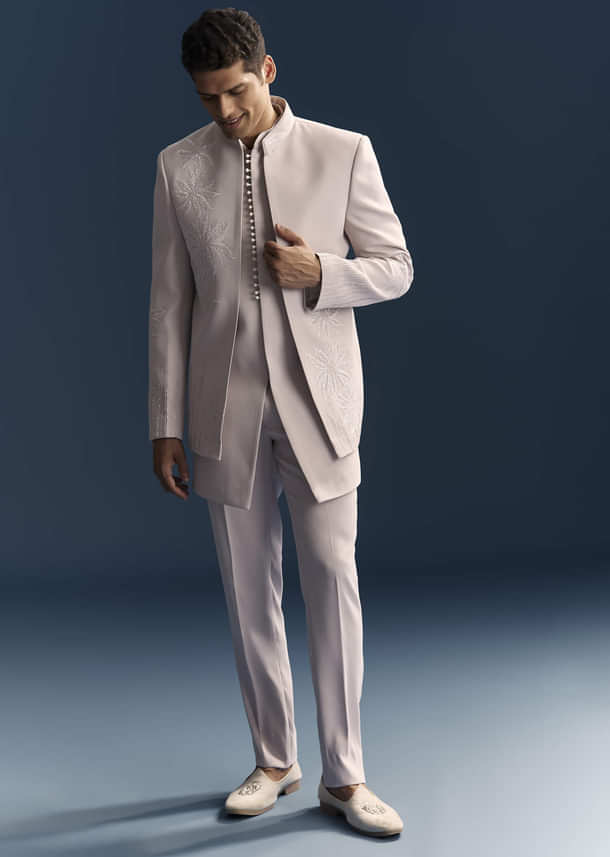 Lilac Indo Western Set For Men With Resham And Moti Work Lilac Indo Western Set For Men With Resham And Moti Work