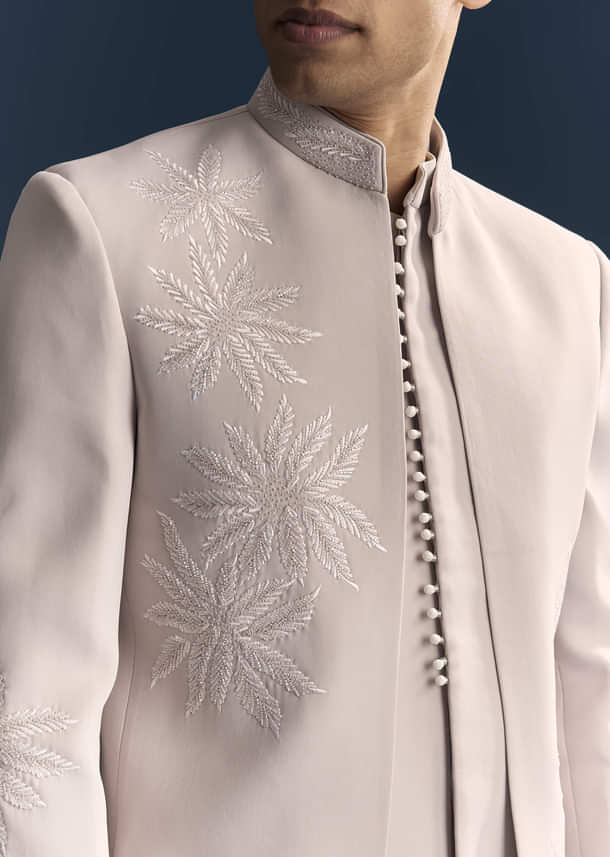 Lilac Indo Western Set For Men With Resham And Moti Work Lilac Indo Western Set For Men With Resham And Moti Work