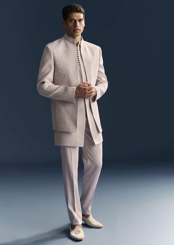 Lilac Indo Western Set For Men With Resham And Moti Work Lilac Indo Western Set For Men With Resham And Moti Work