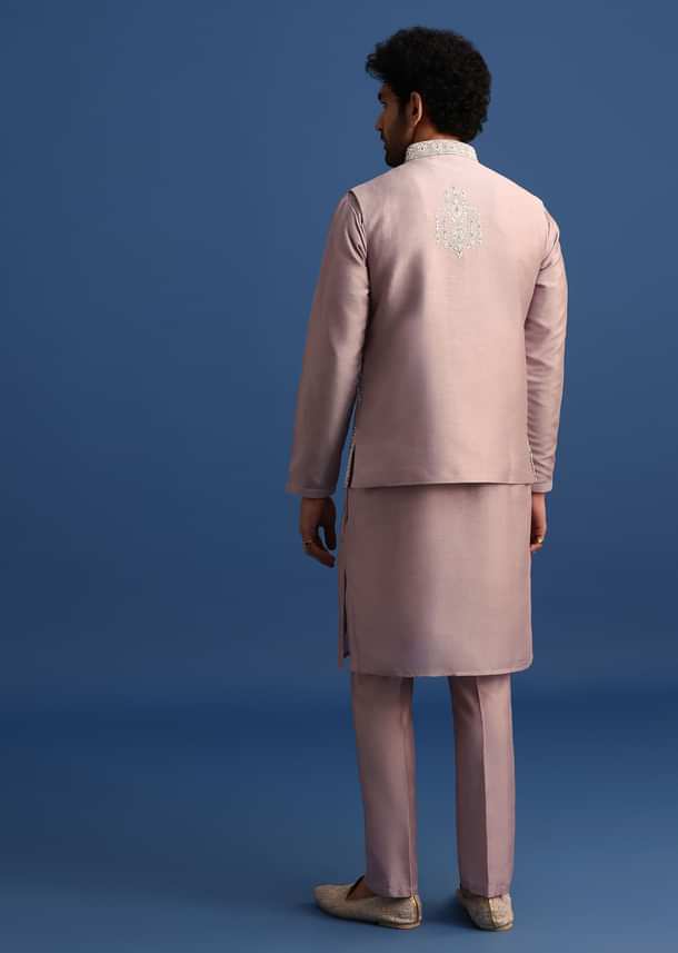 Lilac Kurta Jacket Set With Thread Work For Men