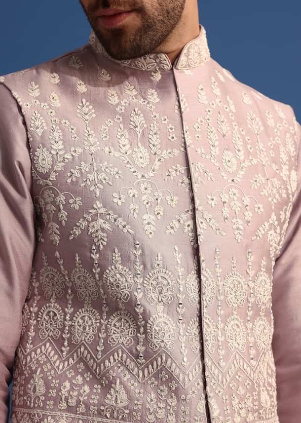 Lilac Kurta Jacket Set With Thread Work For Men