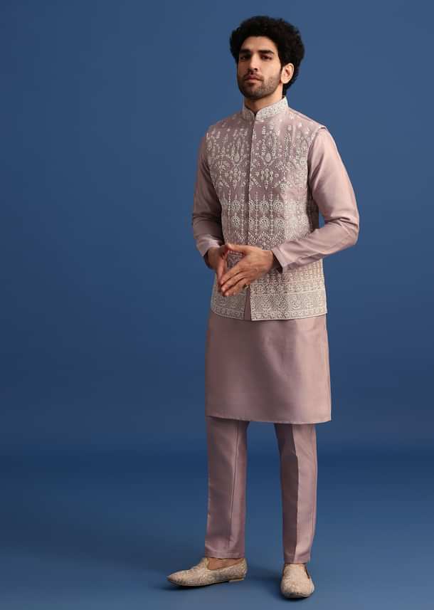 Lilac Kurta Jacket Set With Thread Work For Men