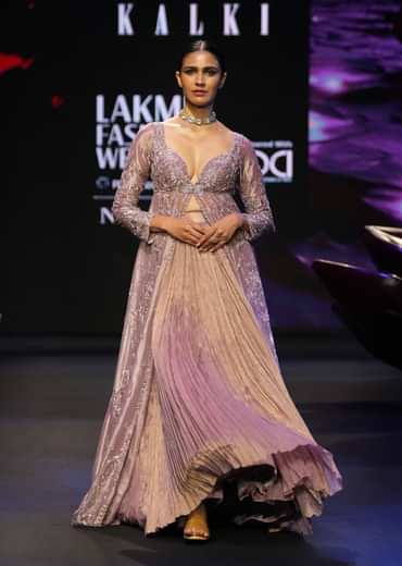 Lilac Embroidered Long Jacket With Ruched Lehenga