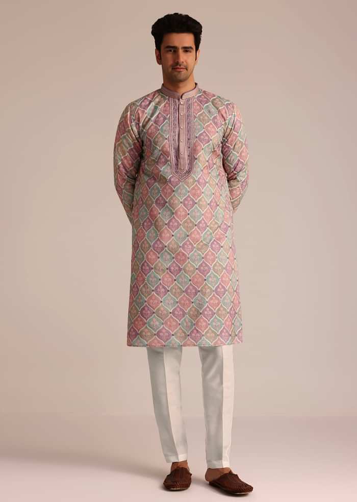 Lilac Embroidered Silk Kurta Set