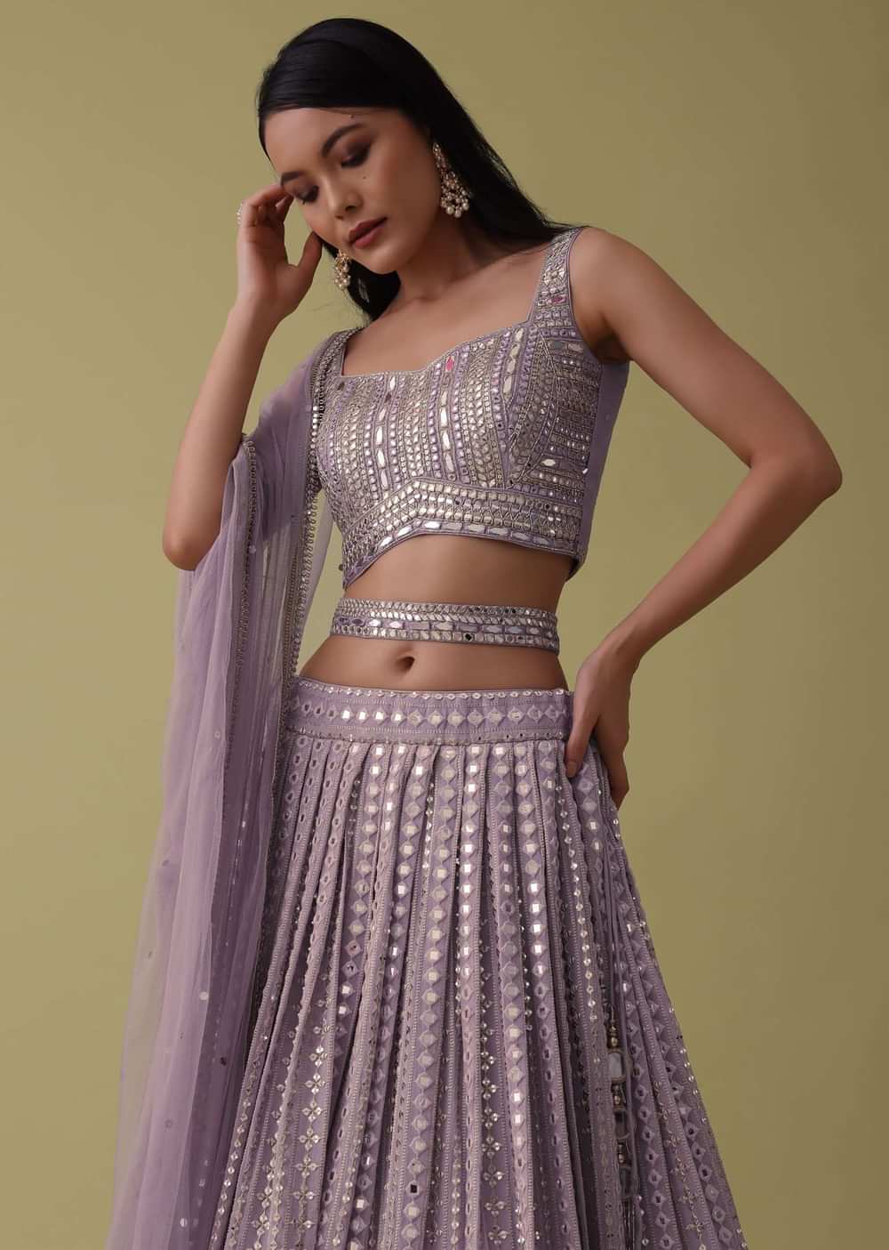 Lilac Purple Lehenga Suit Set In Georgette With Mirror And Thread Work