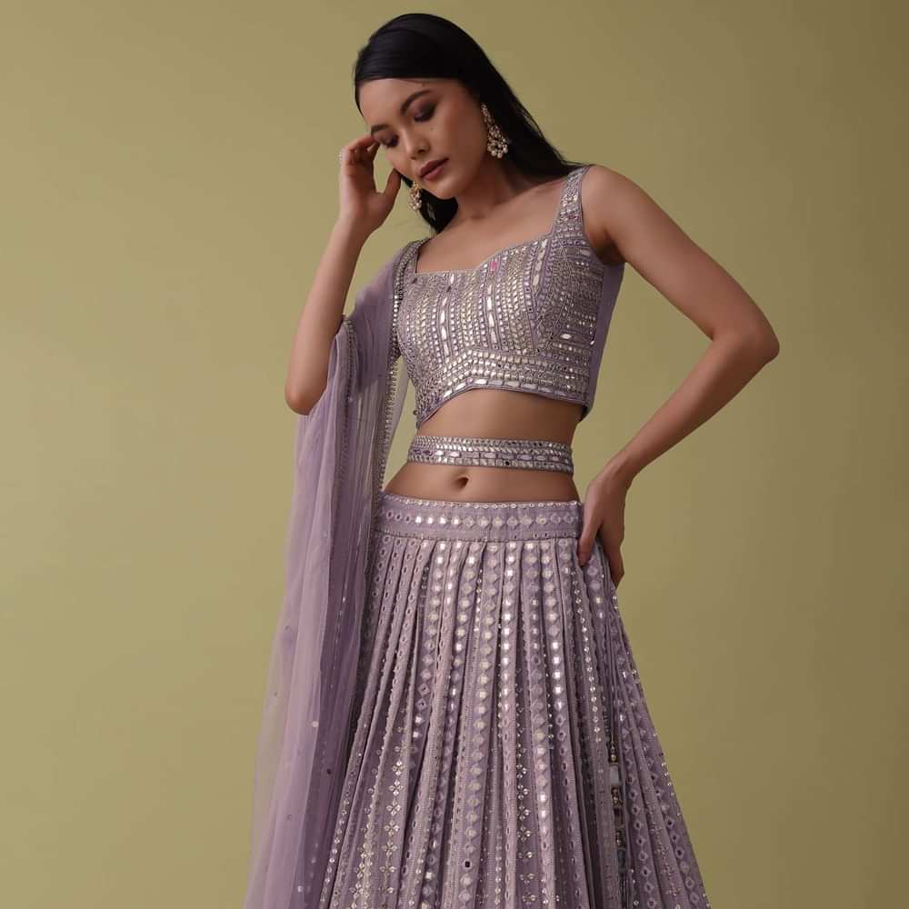Lilac Purple Lehenga Suit Set In Georgette With Mirror And Thread Work