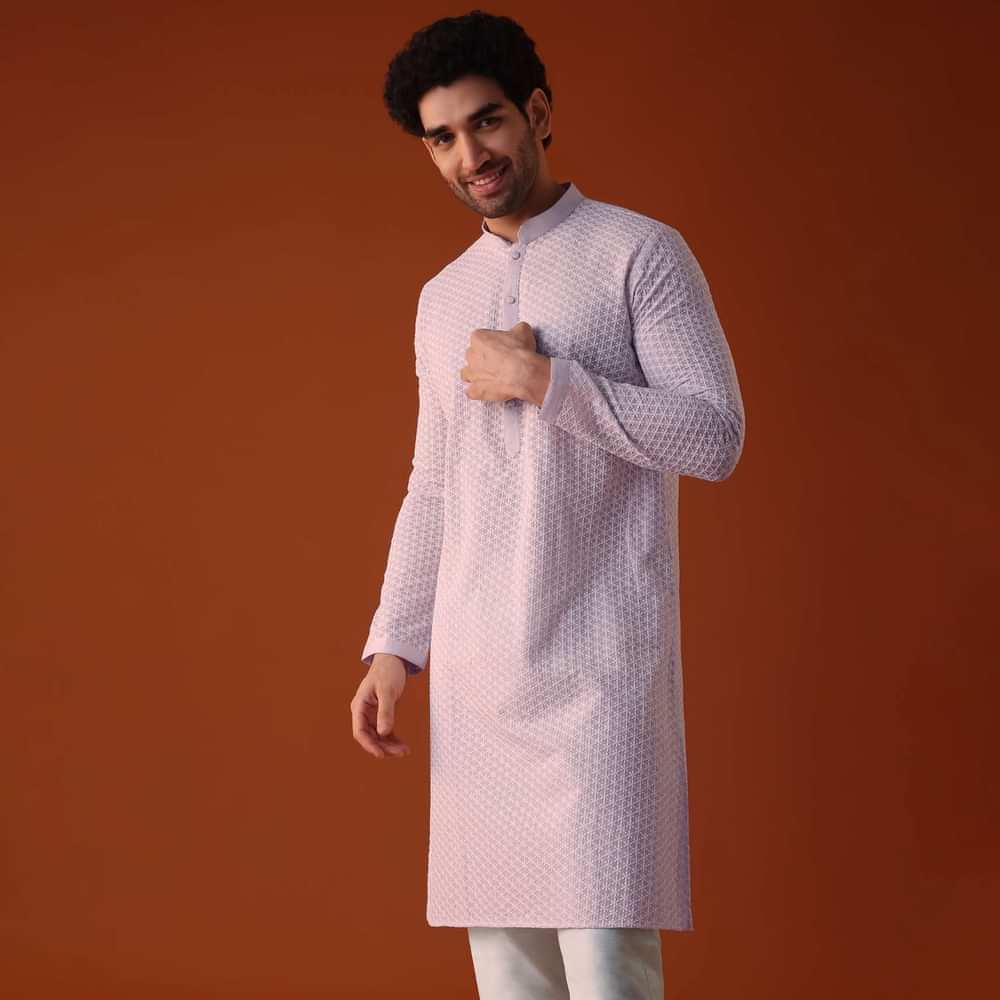 Lilac Purple Lucknowi Kurta And Churidar Set In Cotton