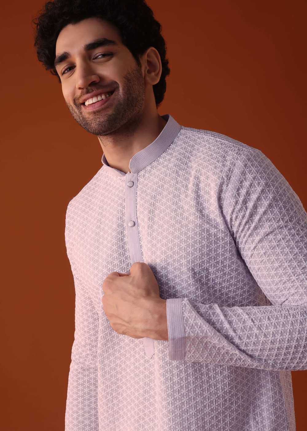 Lilac Purple Lucknowi Kurta And Churidar Set In Cotton