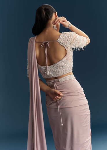 Lilac Ready Pleated Saree With Sequins And Moti Work