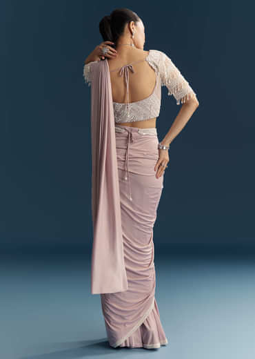 Lilac Ready Pleated Saree With Sequins And Moti Work