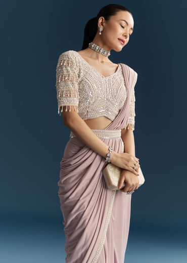 Lilac Ready Pleated Saree With Sequins And Moti Work