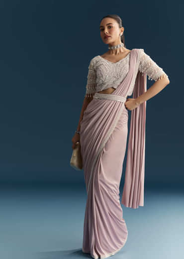 Lilac Ready Pleated Saree With Sequins And Moti Work