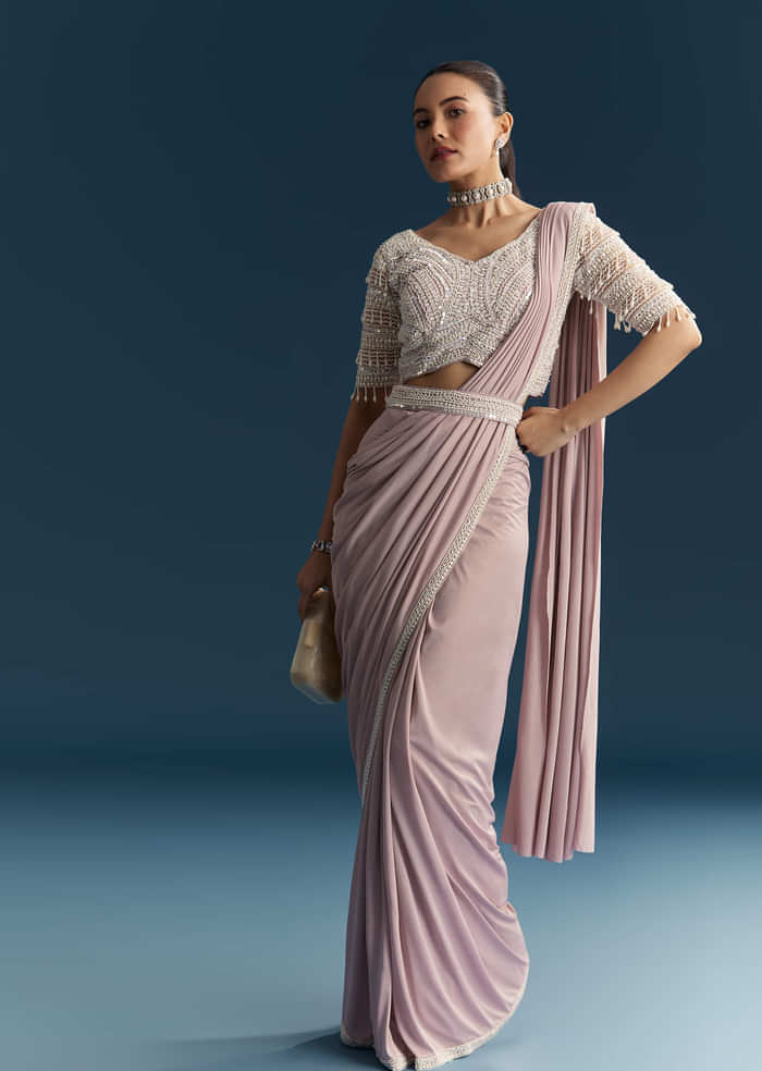 Lilac Ready Pleated Saree With Sequins And Moti Work