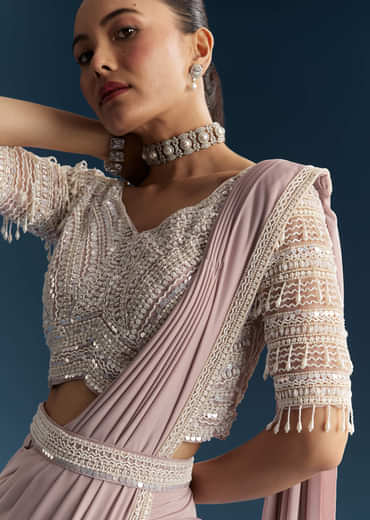 Lilac Ready Pleated Saree With Sequins And Moti Work