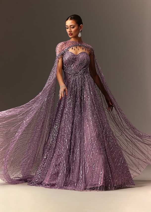Lilac Sequin Gown With Attached Cheeta Work Cape Sleeves