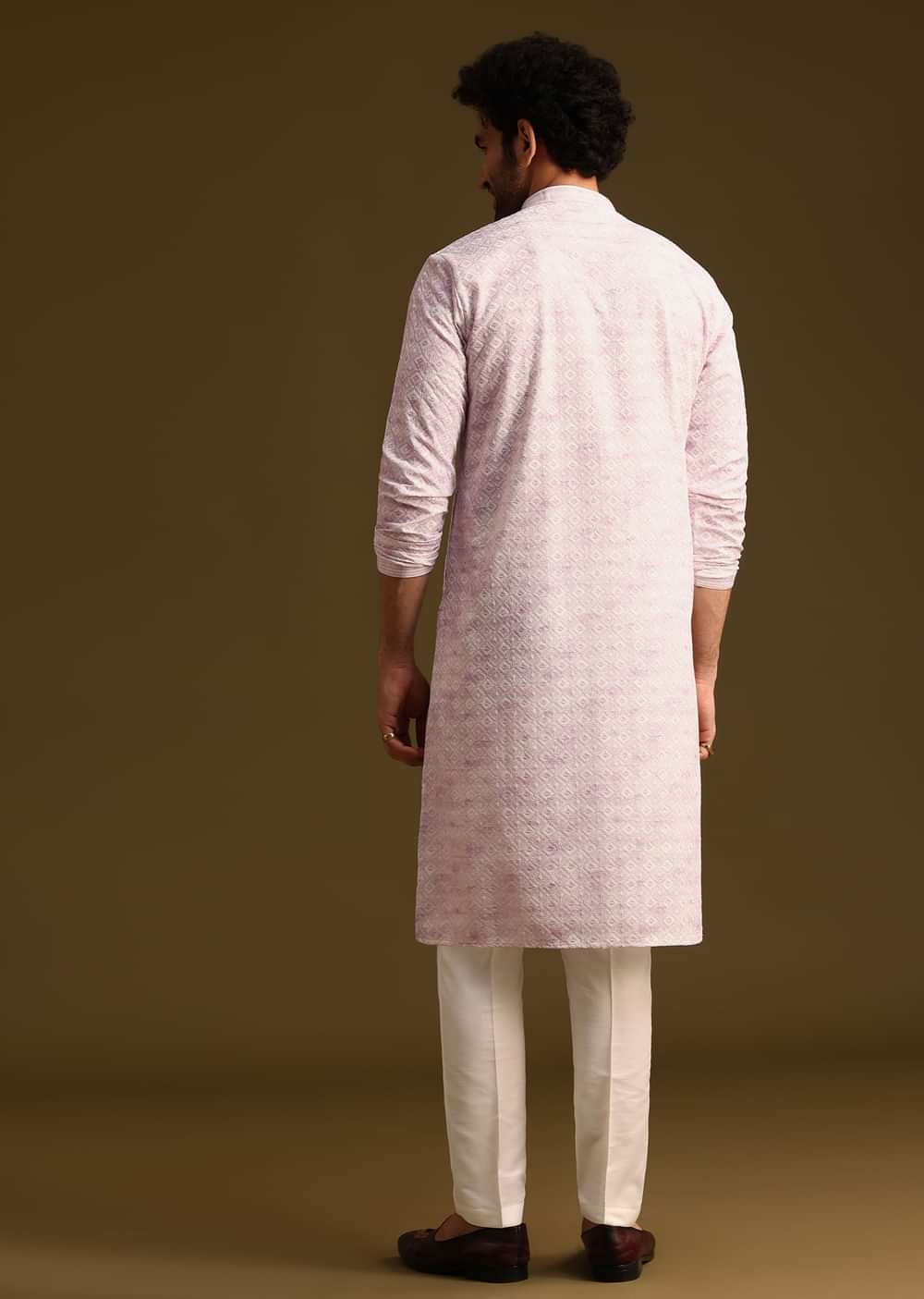 Lilac Silk Schiffli Work Kurta And Pant