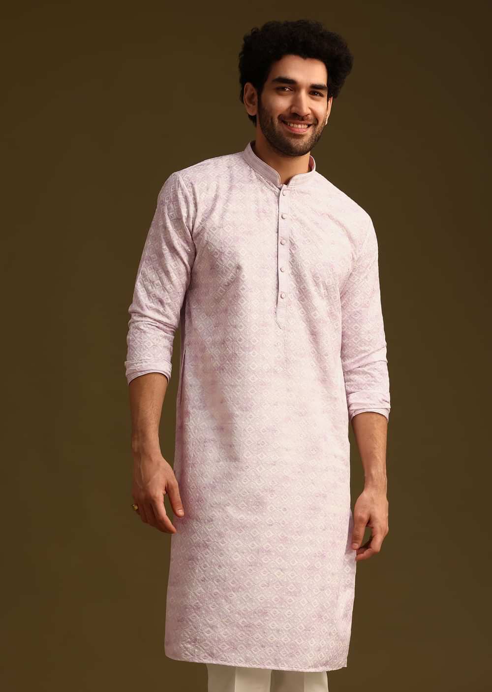 Lilac Silk Schiffli Work Kurta And Pant
