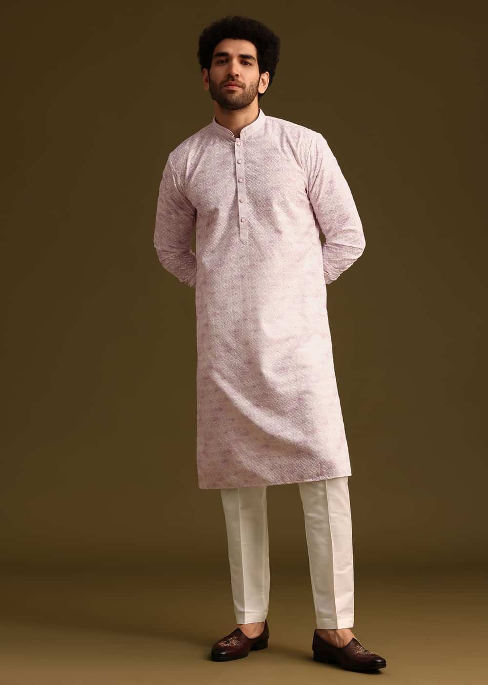 Lilac Silk Schiffli Work Kurta And Pant