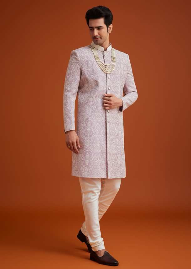 Lilac Silk Sherwani Set With Embroidery And Bead Work