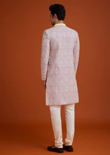 Lilac Silk Sherwani Set With Embroidery And Bead Work