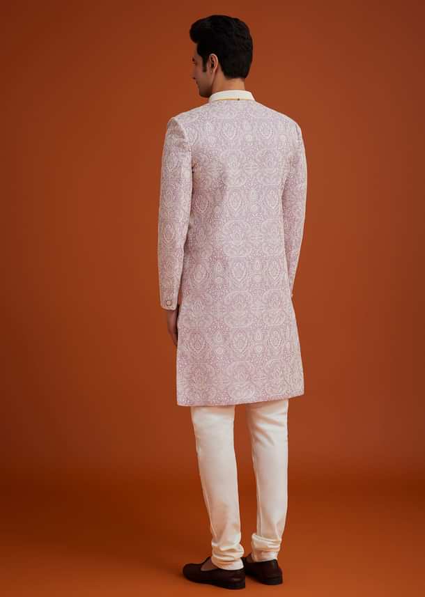 Lilac Silk Sherwani Set With Embroidery And Bead Work