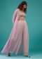 Powder Pink Purple Embroidered Palazzo Crop-Top Set In Georgette With Shrug