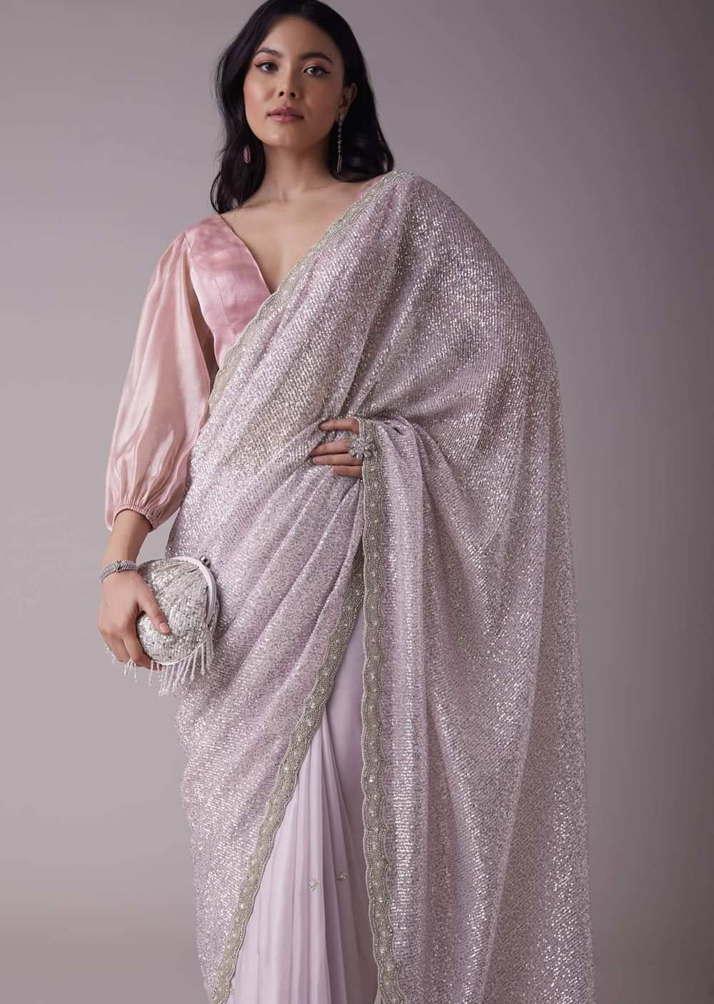 Lavender Purple Sequins Saree With An Embellished Border