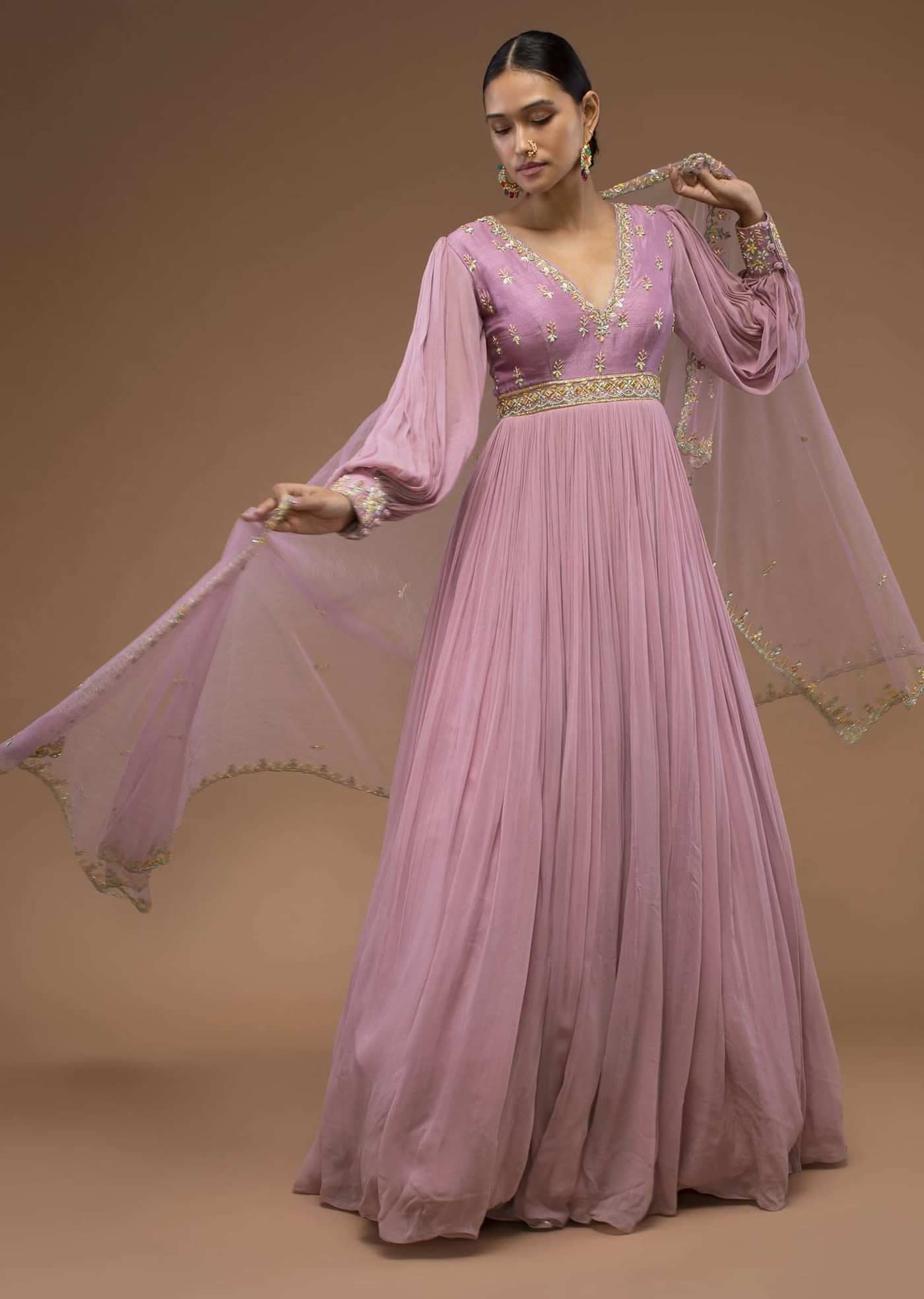 Lilas Pink Floor-Length Suit In Balloon Sleeves, Crafted In Georgette With A Scalloped Neckline And Moti, Cut Dana Embroidery On The Yoke