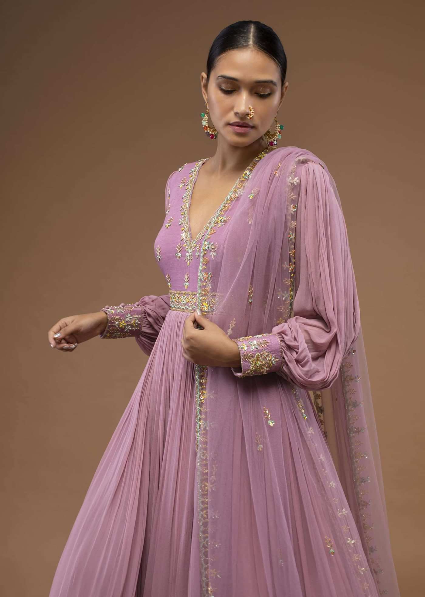 Lilas Pink Floor-Length Suit In Balloon Sleeves, Crafted In Georgette With A Scalloped Neckline And Moti, Cut Dana Embroidery On The Yoke