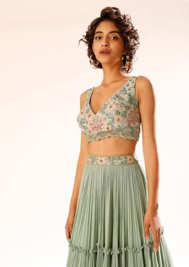 Lily Green Tiered Lehenga With Colorful Resham And Moti Embroidery In Floral Motifs