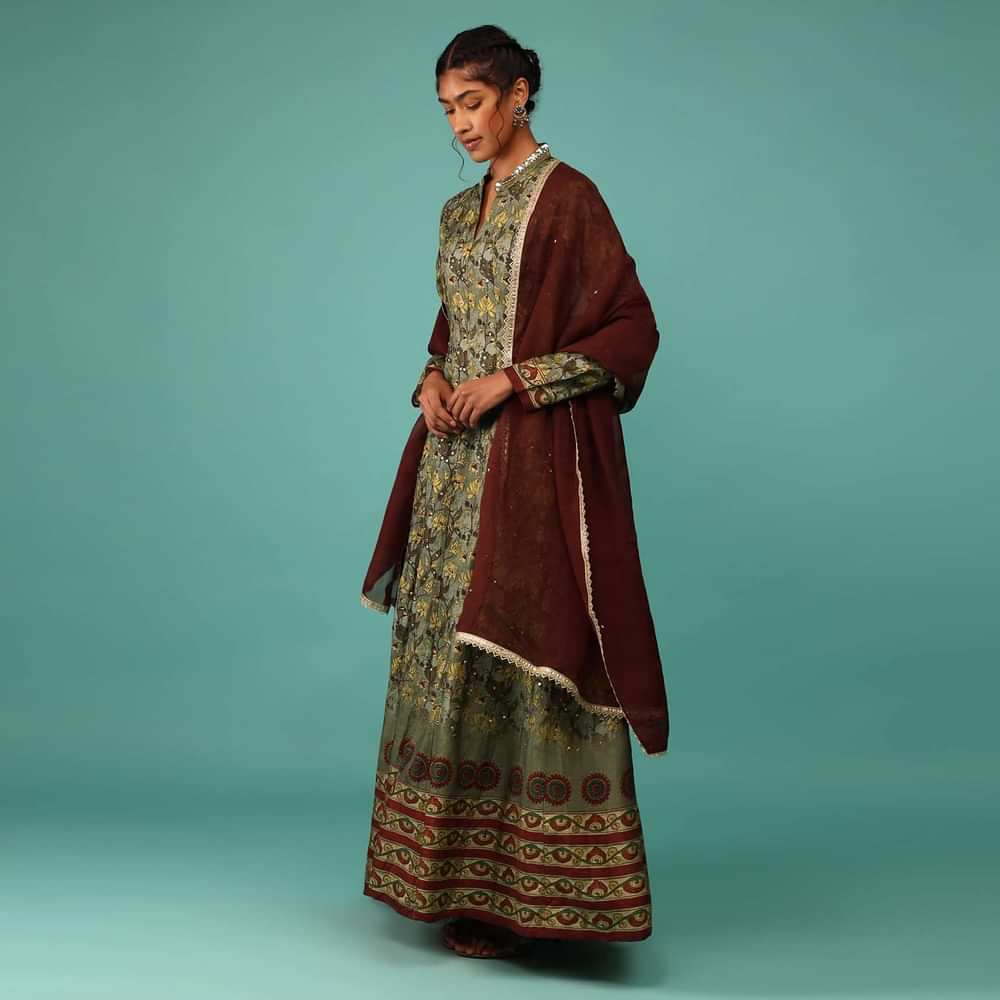 Moss Green Anarkali Suit Set In Raw Silk With Kashmiri Print Work And Embroidery