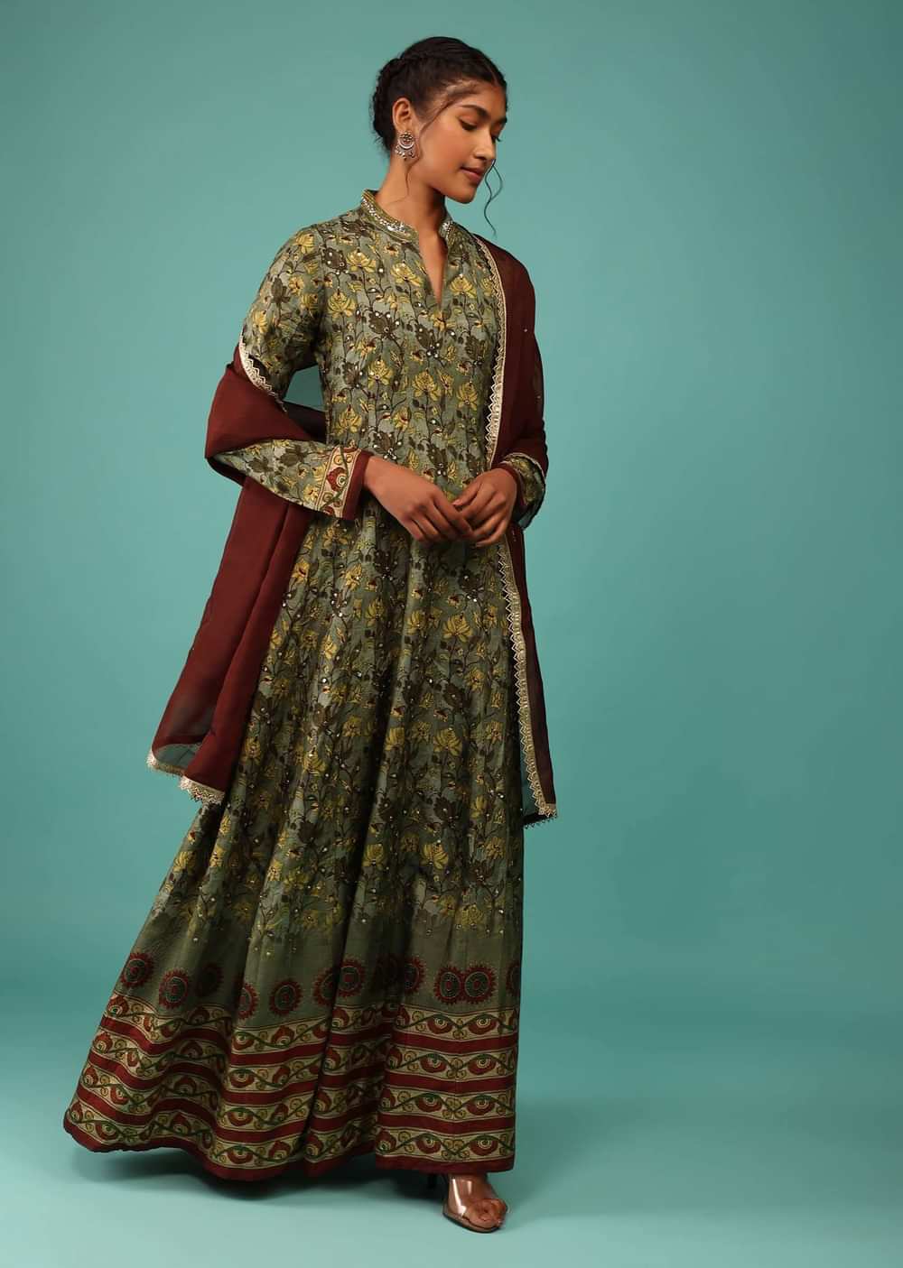 Moss Green Anarkali Suit Set In Raw Silk With Kashmiri Print Work And Embroidery