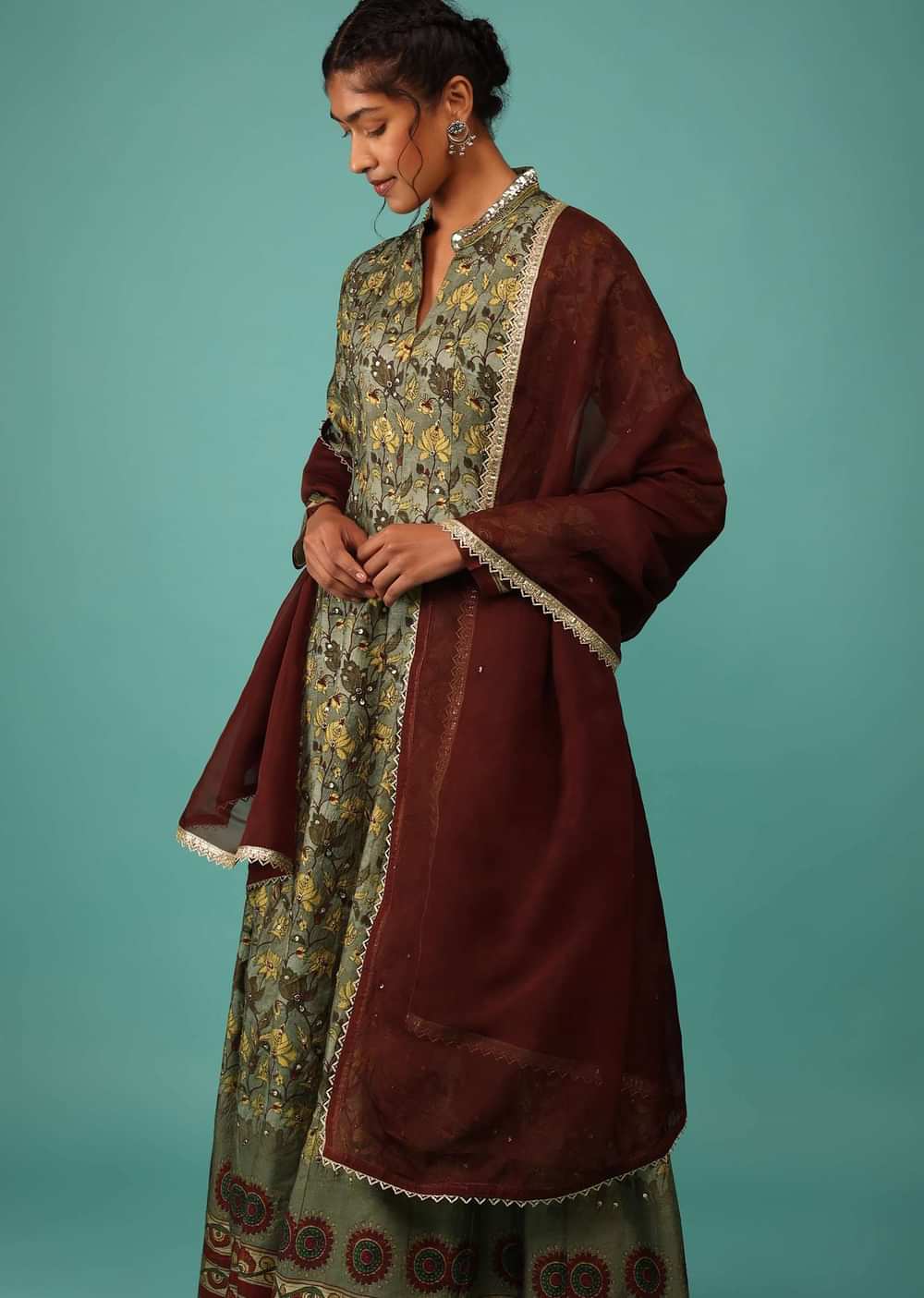 Moss Green Anarkali Suit Set In Raw Silk With Kashmiri Print Work And Embroidery