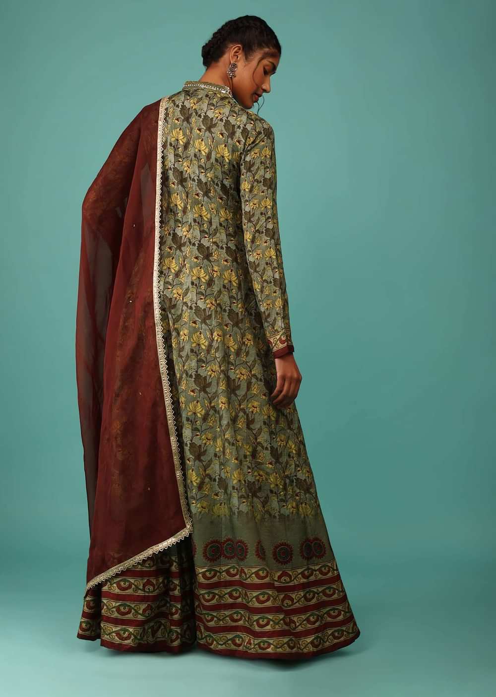 Moss Green Anarkali Suit Set In Raw Silk With Kashmiri Print Work And Embroidery