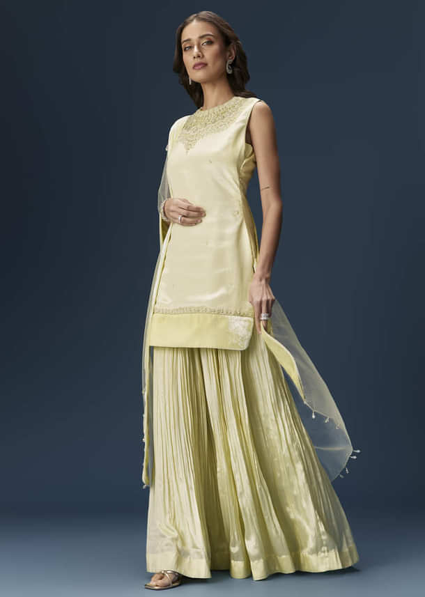 Lime Green Palazzo Suit With Embroidered Necklace