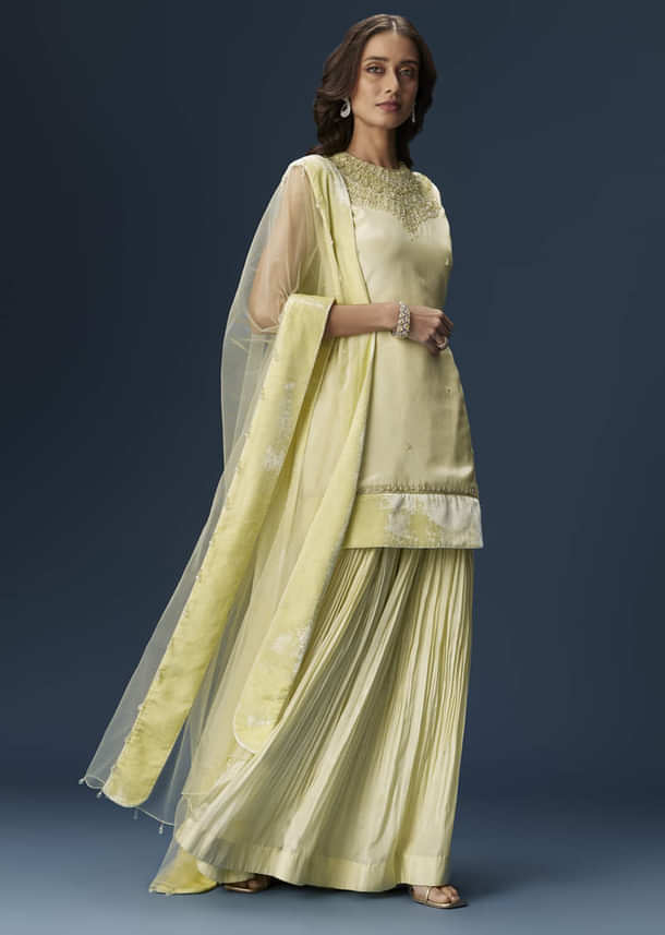 Lime Green Palazzo Suit With Embroidered Necklace