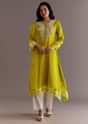 Lime Green Silk Kurta Dupatta Set With Moti Work