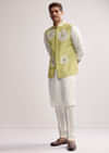 Lime Green Silk Kurta Jacket Set For Men With Hand Embroidery