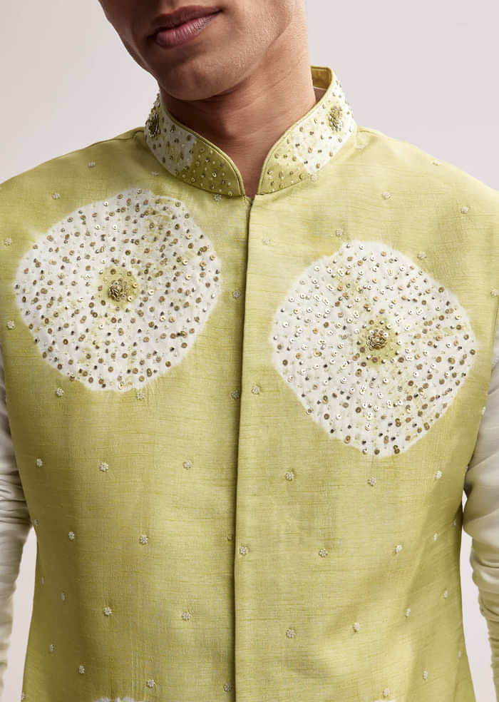 Lime Green Silk Kurta Jacket Set For Men With Hand Embroidery