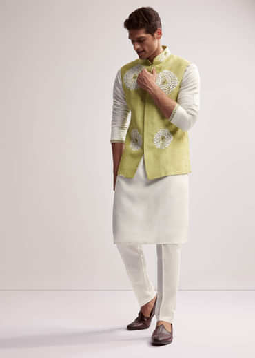 Lime Green Silk Kurta Jacket Set For Men With Hand Embroidery