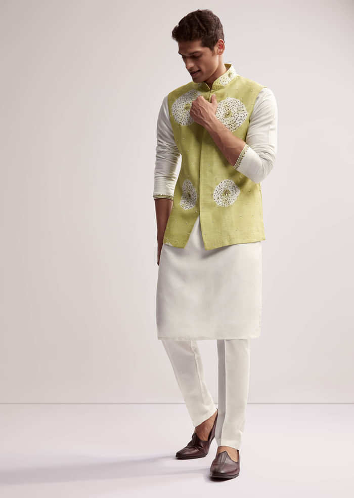 Lime Green Silk Kurta Jacket Set For Men With Hand Embroidery