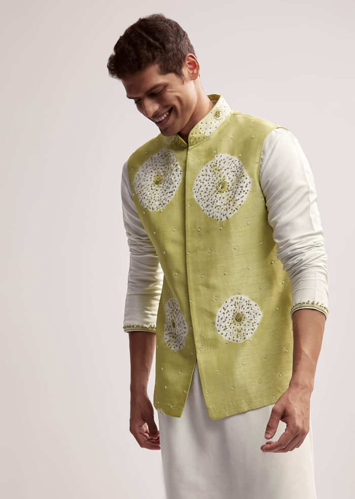 Lime Green Silk Kurta Jacket Set For Men With Hand Embroidery
