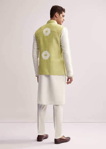 Lime Green Silk Kurta Jacket Set For Men With Hand Embroidery