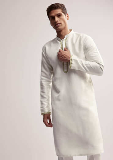 Lime Green Silk Kurta Jacket Set For Men With Hand Embroidery
