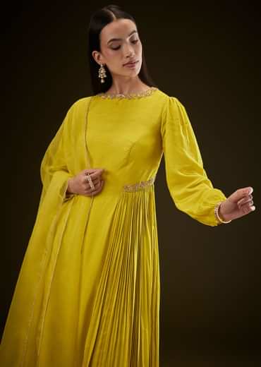 Lime Yellow Kurta With Ruching And Handwork