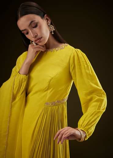 Lime Yellow Kurta With Ruching And Handwork