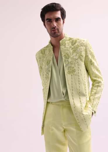 Lime Bandhgala Jacket And Pant Set With Floral Embroidery